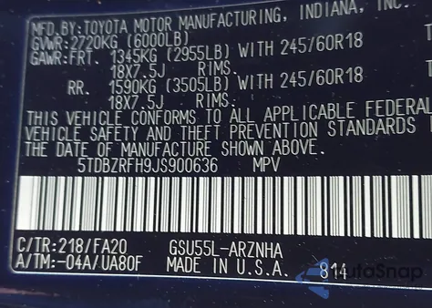 2018 Toyota Highlander Le Plus from USA, damaged, VIN 5TDBZRFH9JS900636